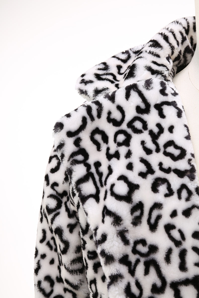 Load image into Gallery viewer, Black and White Leopard Print Lapel Long Sleeve Faux Fur Coats