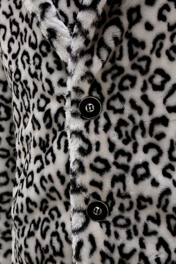 Black and White Leopard Print Lapel Long Sleeve Faux Fur Coats