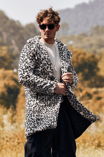 White and Black Leopard Fur Long Sleeves Warm Coat Jacket