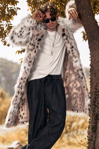 White Leopard Print Thick Men's Long Trench coat