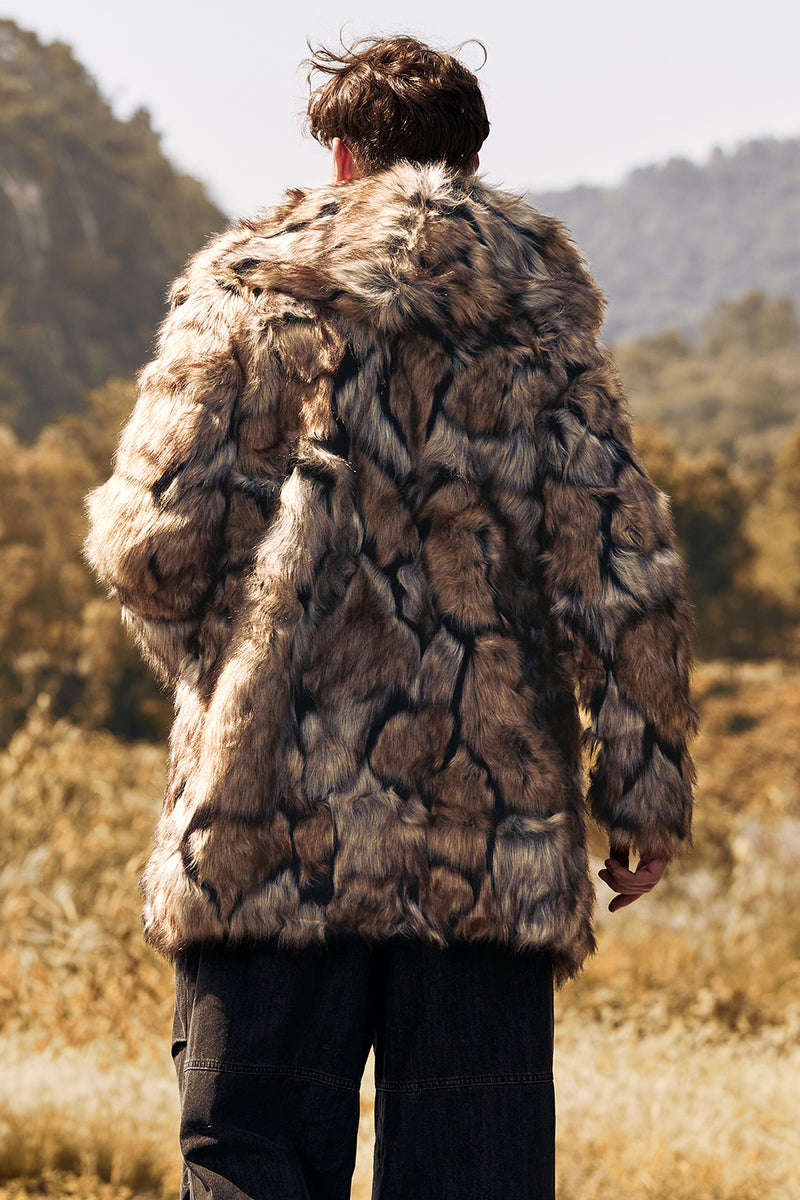 Load image into Gallery viewer, Brown Faux Fur Thick Hooded Men Winter Coat