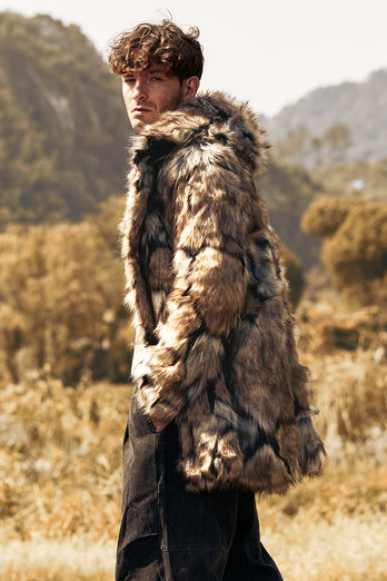 Brown Faux Fur Thick Hooded Men Winter Coat