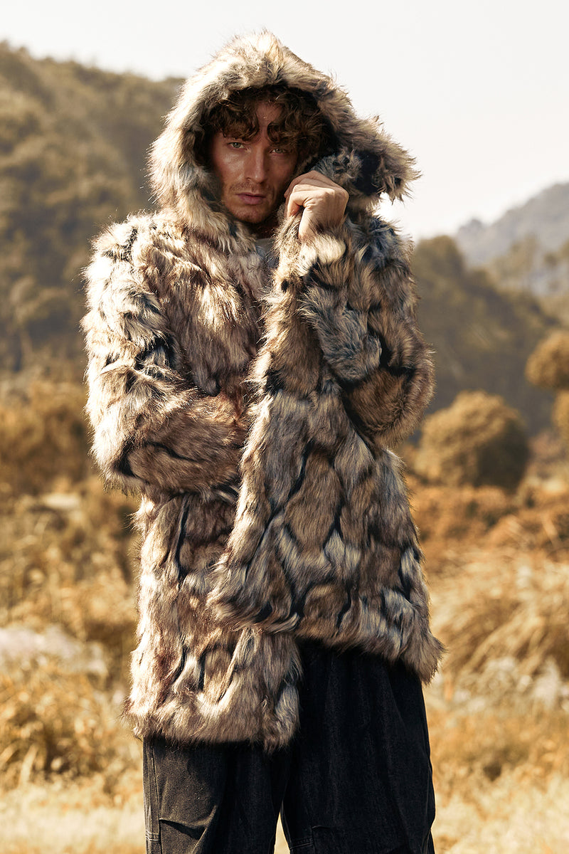 Load image into Gallery viewer, Brown Faux Fur Thick Hooded Men Winter Coat