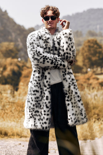 Black and White Leopard Print Loose Faux Fur Long coat