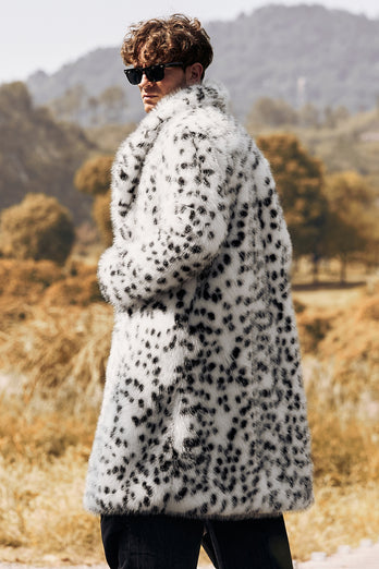 Black and White Leopard Print Loose Faux Fur Long coat