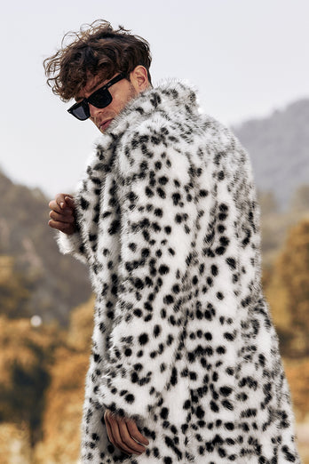 Black and White Leopard Print Loose Faux Fur Long coat