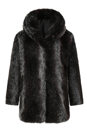 Black Long Sleeve Faux Fur Coat Jacket with Hooded Long Outwear