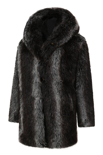 Black Long Sleeve Faux Fur Coat Jacket with Hooded Long Outwear