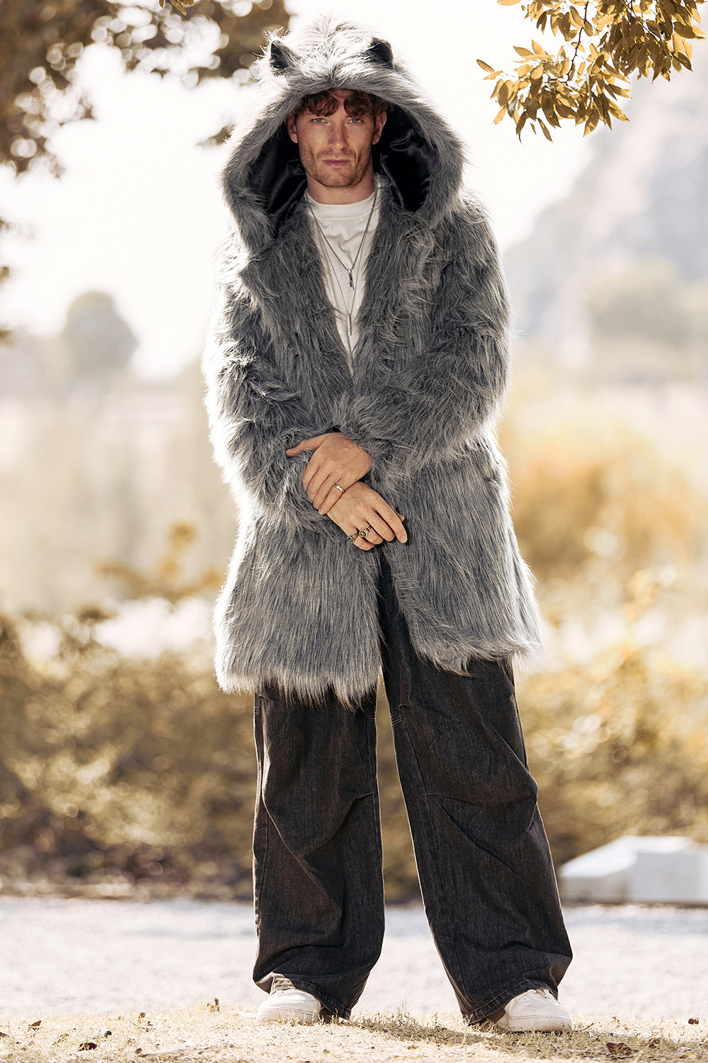 Grey Wolf Faux Fur Warm Boho Disco Long Trench Coat