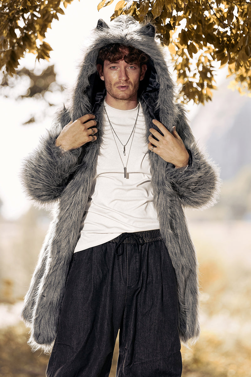 Load image into Gallery viewer, Grey Wolf Faux Fur Warm Boho Disco Long Trench Coat