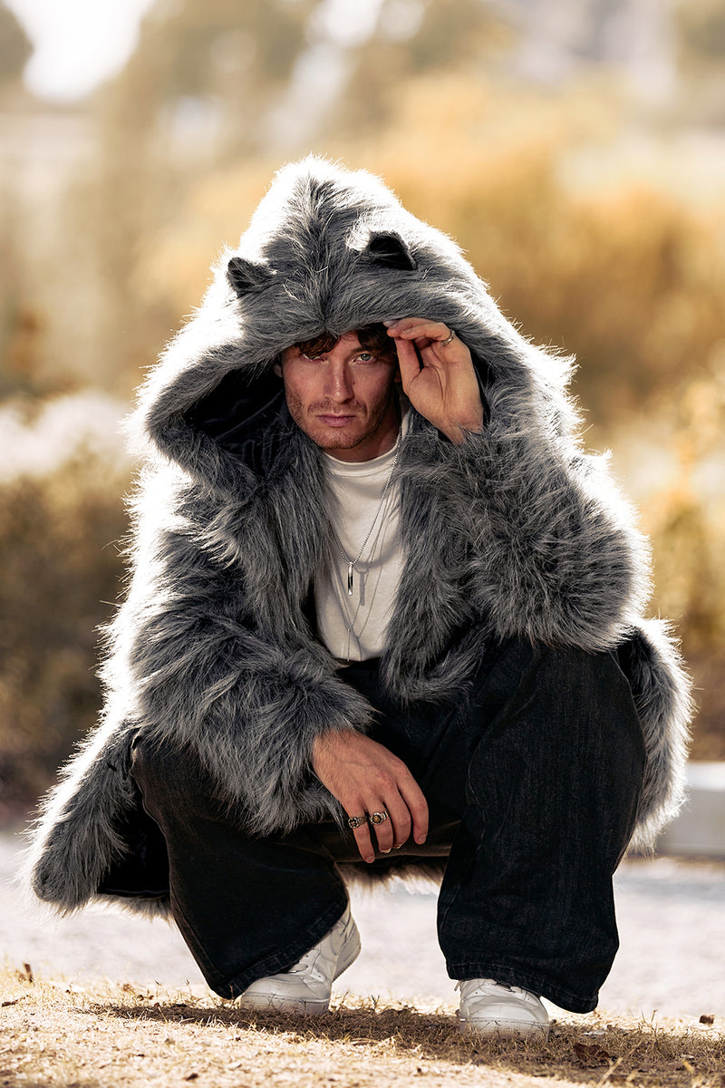 Load image into Gallery viewer, Grey Wolf Faux Fur Warm Boho Disco Long Trench Coat