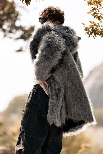 Grey Wolf Faux Fur Warm Boho Disco Long Trench Coat