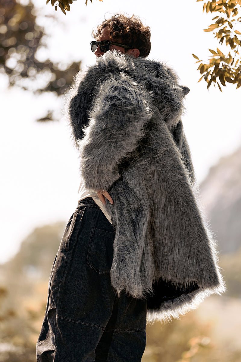 Load image into Gallery viewer, Grey Wolf Faux Fur Warm Boho Disco Long Trench Coat