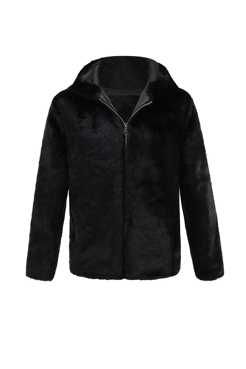 Load image into Gallery viewer, Black Faux Fur Hoodies Zip Up Long Sleeve Outerwear