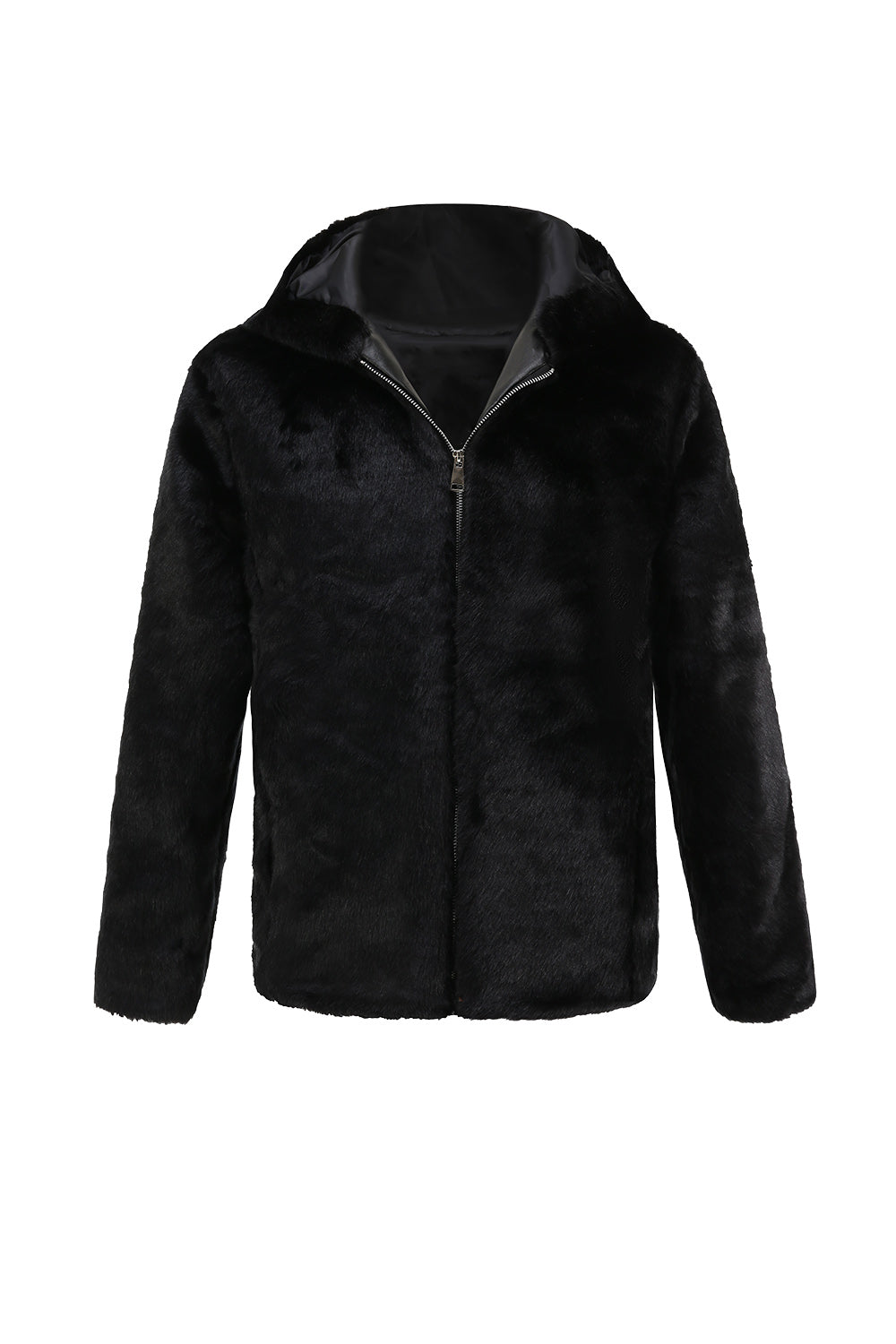 Black Faux Fur Hoodies Zip Up Long Sleeve Outerwear