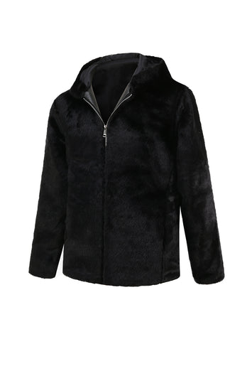 Black Faux Fur Hoodies Zip Up Long Sleeve Outerwear