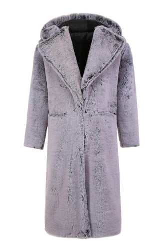 Grey Winter Long Faux Fur Fashion Warm Turn Down Collar Coat