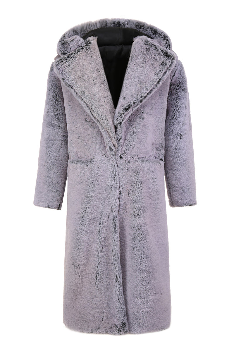 Load image into Gallery viewer, Grey Winter Long Faux Fur Fashion Warm Turn Down Collar Coat