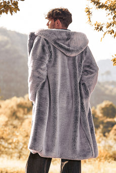 Grey Solid Hooded Coat Jacket Winter Faux Fur Long Trench Coat