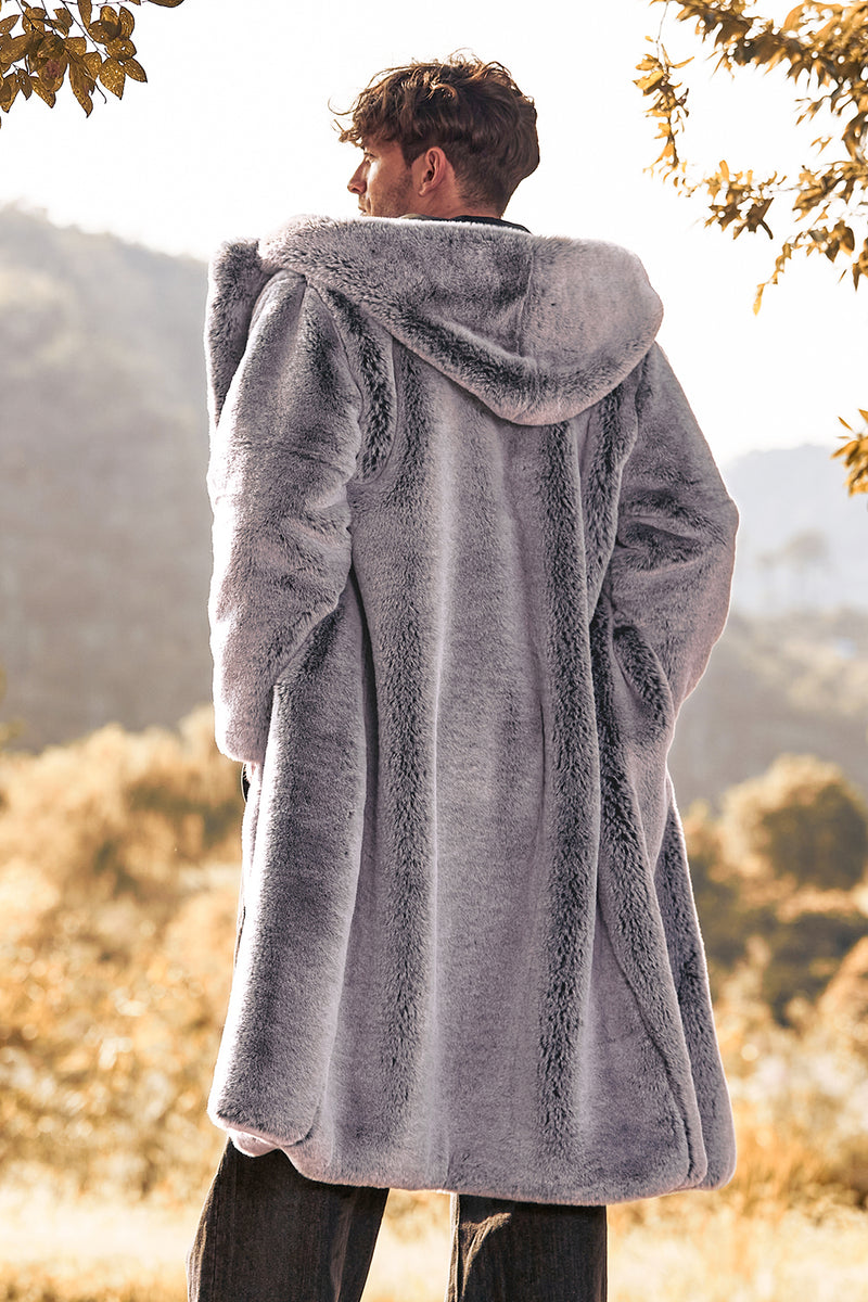 Load image into Gallery viewer, Grey Solid Hooded Coat Jacket Winter Faux Fur Long Trench Coat