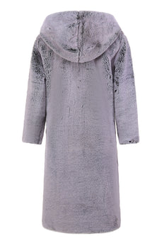 Grey Winter Long Faux Fur Fashion Warm Turn Down Collar Coat