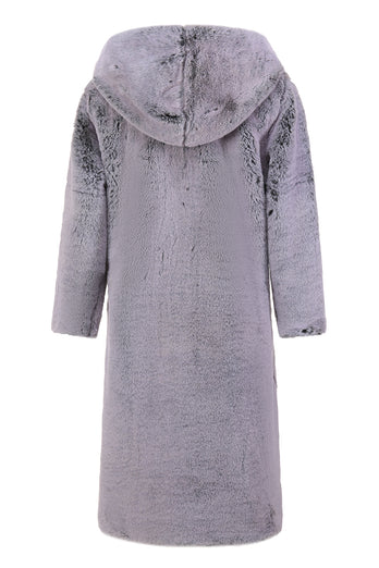 Grey Winter Long Faux Fur Fashion Warm Turn Down Collar Coat