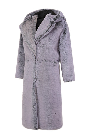 Grey Winter Long Faux Fur Fashion Warm Turn Down Collar Coat