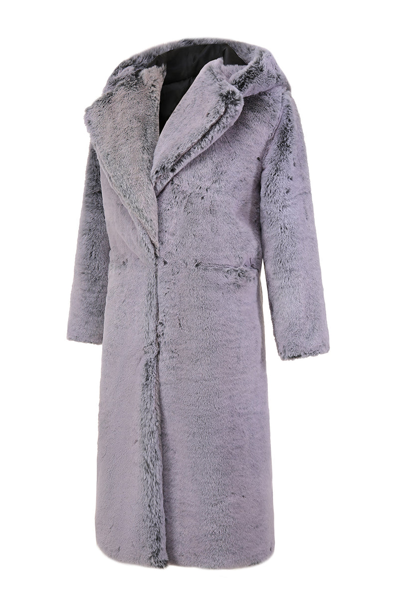 Load image into Gallery viewer, Grey Winter Long Faux Fur Fashion Warm Turn Down Collar Coat