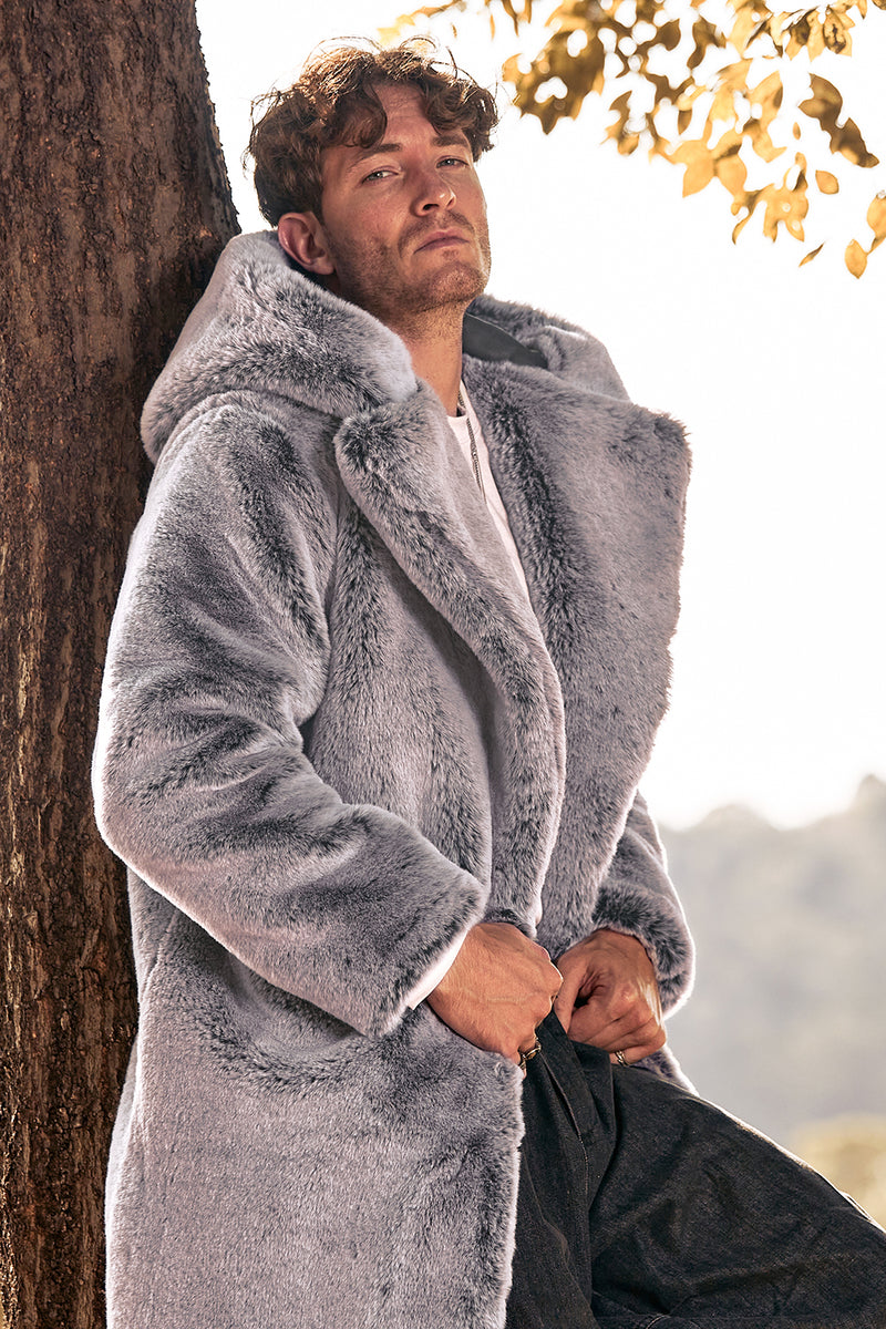 Load image into Gallery viewer, Grey Solid Hooded Coat Jacket Winter Faux Fur Long Trench Coat