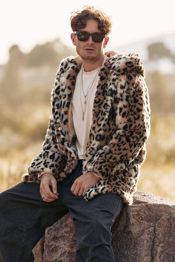 Leopard Print Men's Faux Fur Hooded Coat Mid-Long Fur Jacket