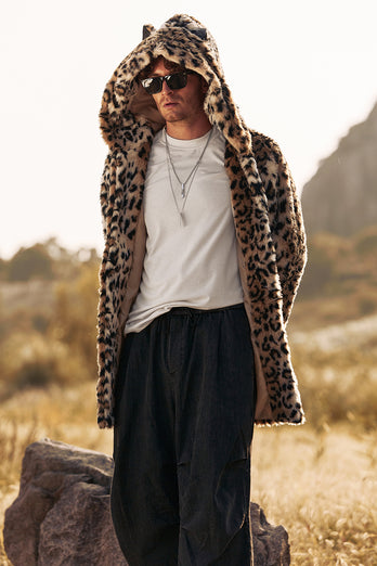 Leopard Print Men's Faux Fur Hooded Coat Mid-Long Fur Jacket