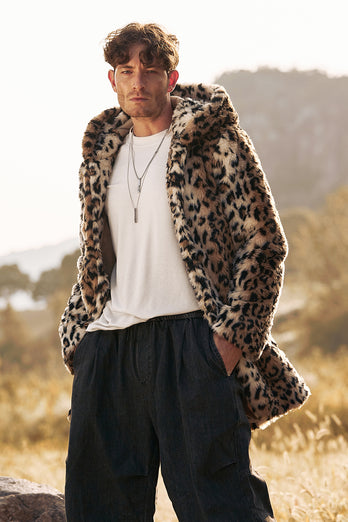 Leopard Print Men's Faux Fur Hooded Coat Mid-Long Fur Jacket