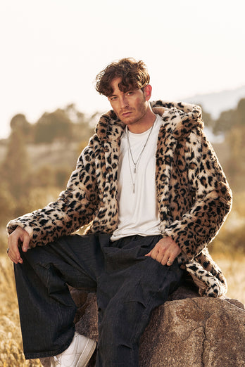 Leopard Print Men's Faux Fur Hooded Coat Mid-Long Fur Jacket