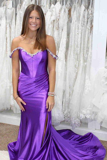 Sparkly Off the Shoulder Sequins Silver Corset Prom Dress with Slit