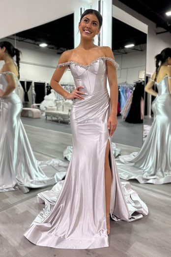 Sparkly Off the Shoulder Sequins Silver Corset Prom Dress with Slit