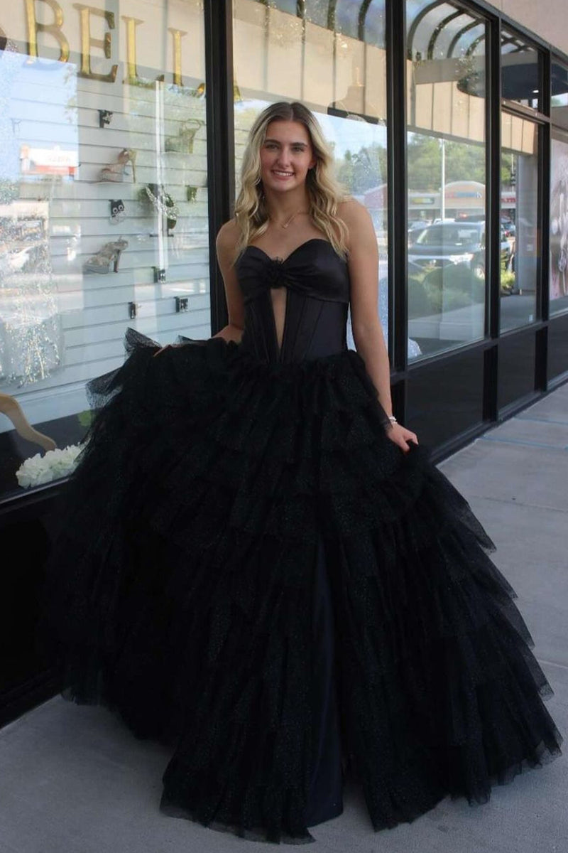 Load image into Gallery viewer, Fuchsia Sweetheart Corset A Line Tulle Tiered Long Prom Dress with Slit