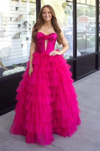 Fuchsia Sweetheart Corset A Line Tulle Tiered Long Prom Dress with Slit