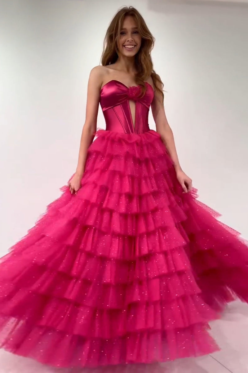 Load image into Gallery viewer, Fuchsia Sweetheart Corset A Line Tulle Tiered Long Prom Dress with Slit