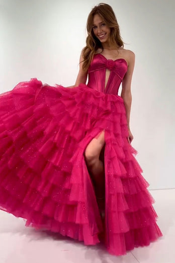 Fuchsia Sweetheart Corset A Line Tulle Tiered Long Prom Dress with Slit