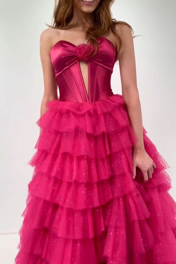 Fuchsia Sweetheart Corset A Line Tulle Tiered Long Prom Dress with Slit