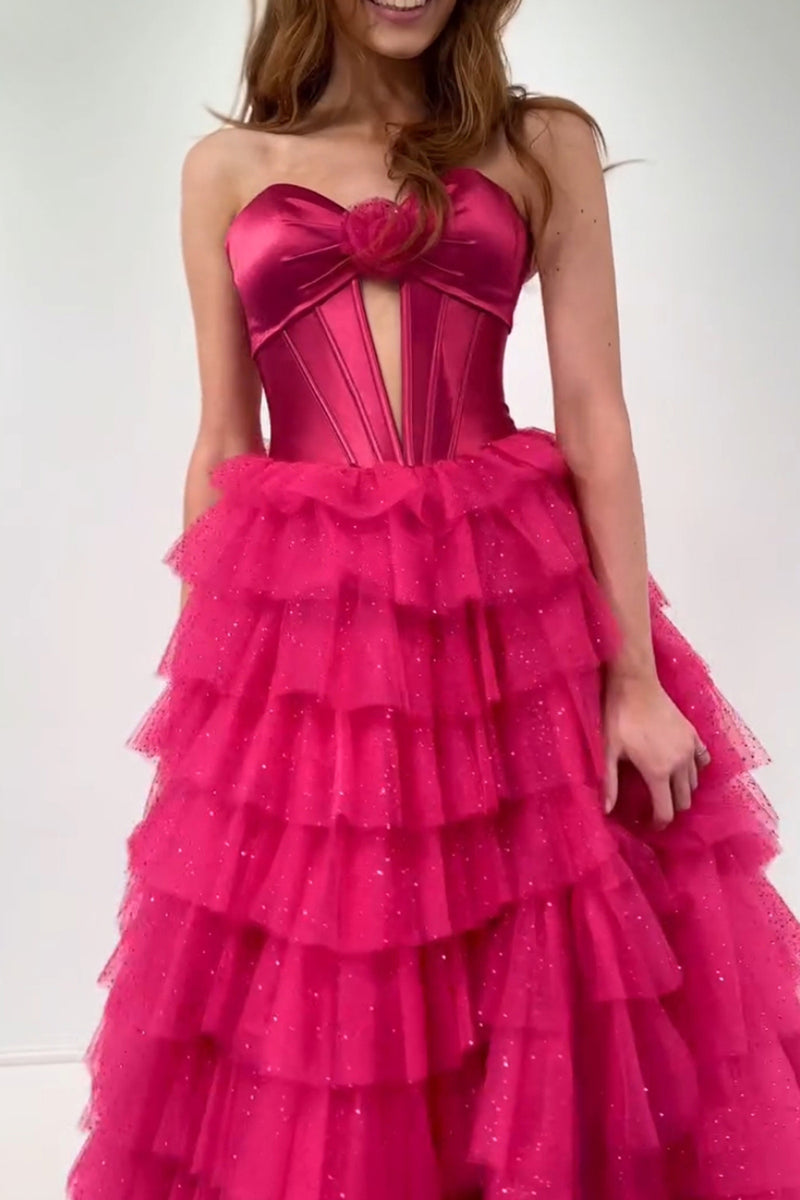 Load image into Gallery viewer, Fuchsia Sweetheart Corset A Line Tulle Tiered Long Prom Dress with Slit