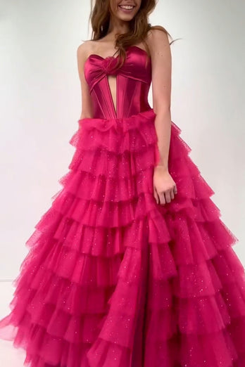 Fuchsia Sweetheart Corset A Line Tulle Tiered Long Prom Dress with Slit