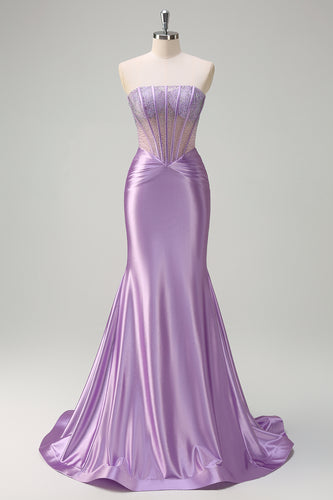 Glitter Beaded Lilac Corset Strapless Mermaid Satin Long Prom Dress