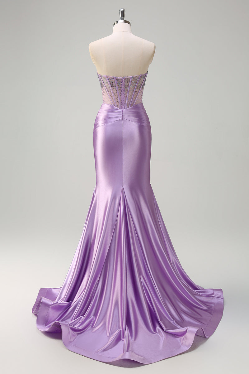 Load image into Gallery viewer, Glitter Beaded Lilac Corset Strapless Mermaid Satin Long Prom Dress