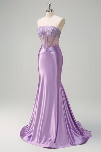 Glitter Beaded Lilac Corset Strapless Mermaid Satin Long Prom Dress