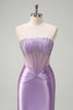 Load image into Gallery viewer, Glitter Beaded Lilac Corset Strapless Mermaid Satin Long Prom Dress