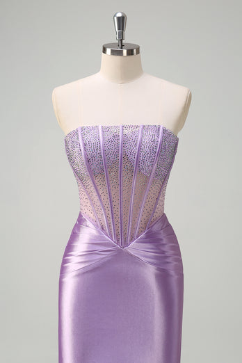 Glitter Beaded Lilac Corset Strapless Mermaid Satin Long Prom Dress