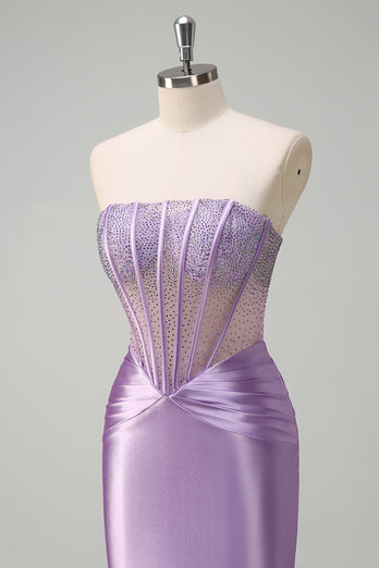 Glitter Beaded Lilac Corset Strapless Mermaid Satin Long Prom Dress