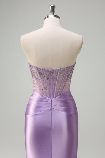 Glitter Beaded Lilac Corset Strapless Mermaid Satin Long Prom Dress