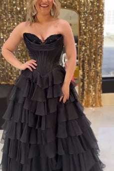 Black Tiered Corset Strapless A Line Long Prom Dress